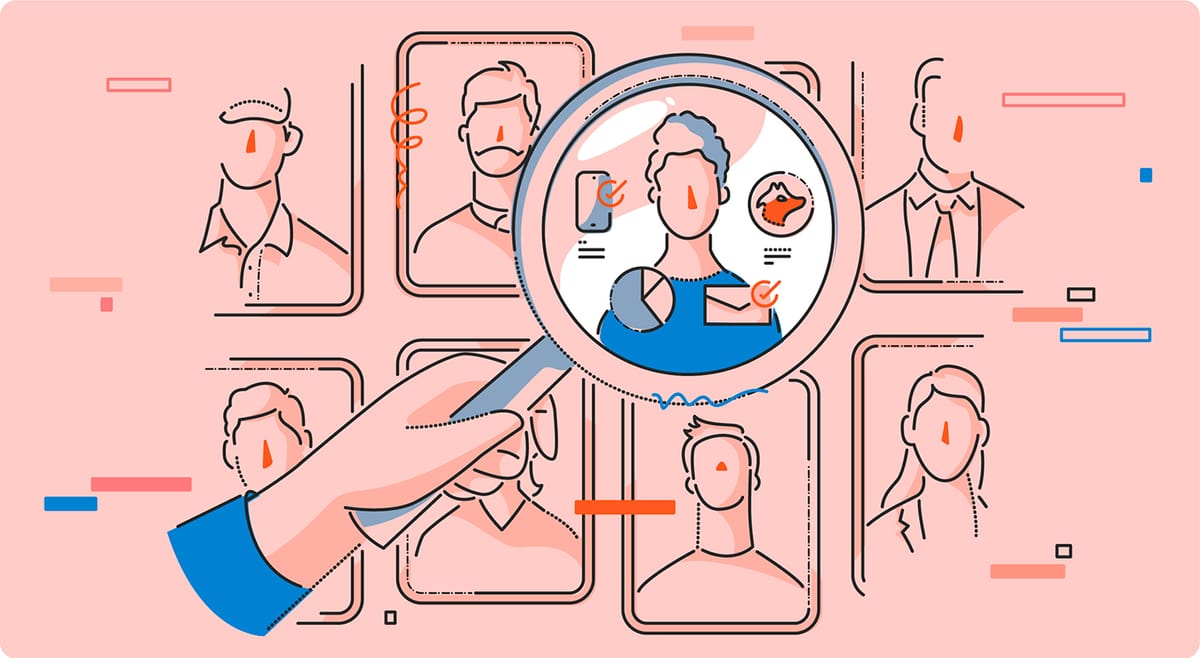 Illustration of a magnifying glass over profile cards with verified email and contact details, representing lead discovery and outreach