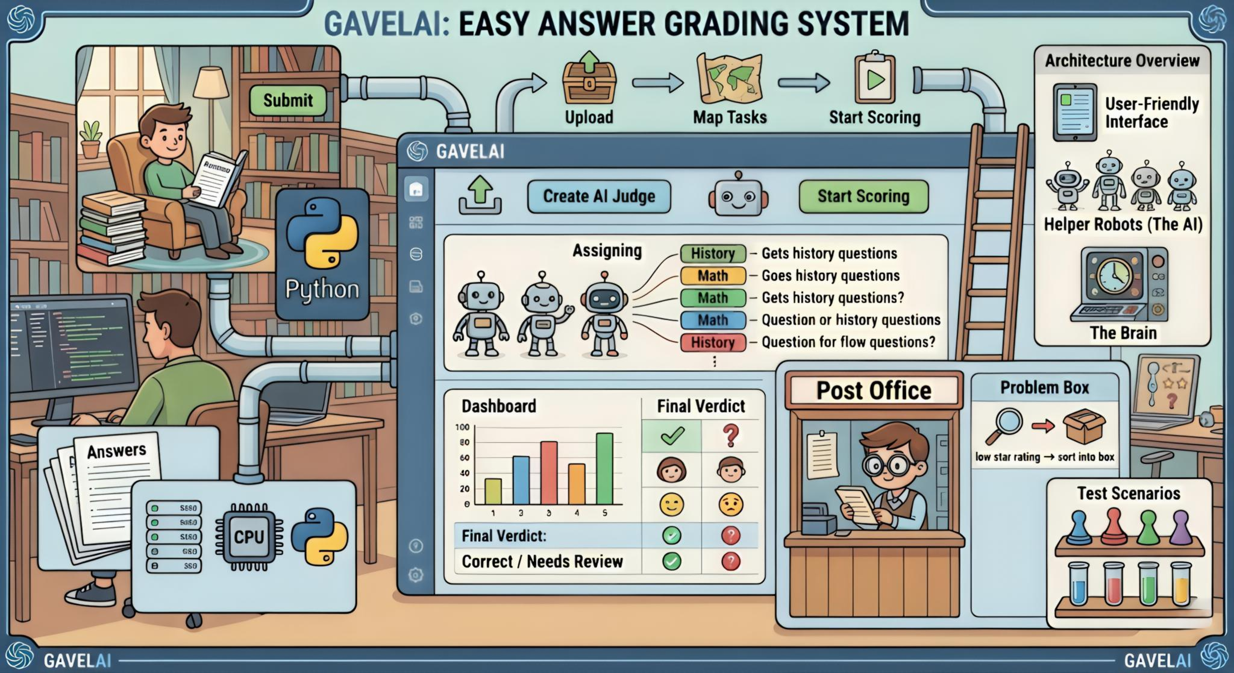 GAVELAI infographic: workflow from answers through a grading UI, robots, dashboards, and architecture overview